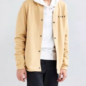 LAZY OAF Sandstone Bomber Jacket Mens LARGE Snap Button Up Cardigan Beige